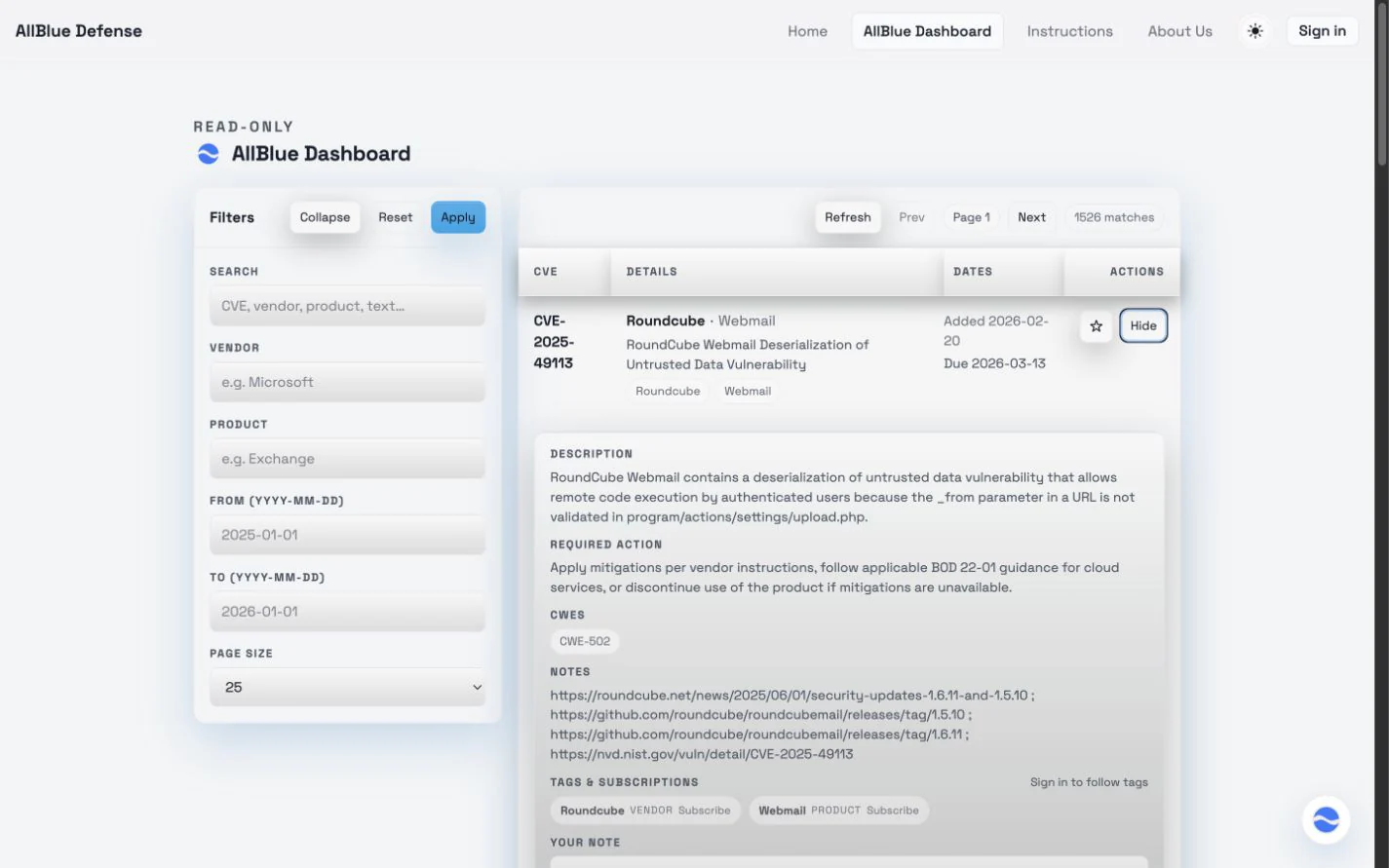 Expanded AllBlue vulnerability record with description, required action, tags, subscriptions, and note field