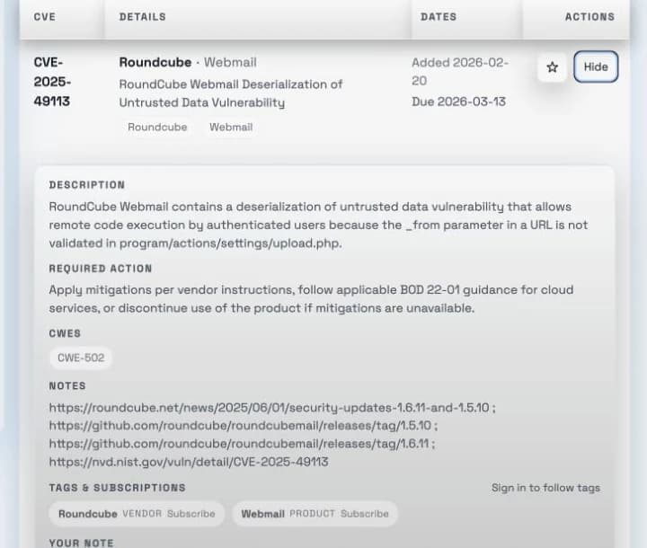 Tight crop of an expanded vulnerability showing remediation context and subscription controls