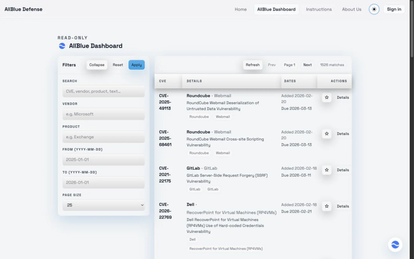AllBlue Defense dashboard in light theme with vulnerability filters and a dense catalog table