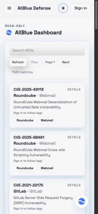 AllBlue Defense mobile dashboard presenting vulnerabilities as readable stacked cards