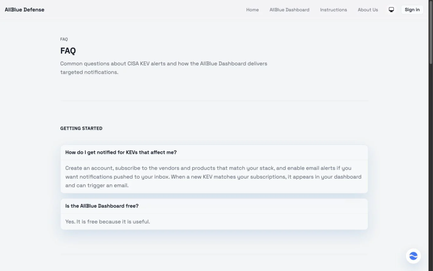 AllBlue FAQ explaining targeted CISA KEV alerts and getting started
