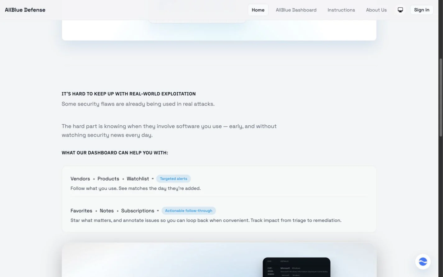 AllBlue homepage explaining how vendors, products, and a watchlist become targeted alerts