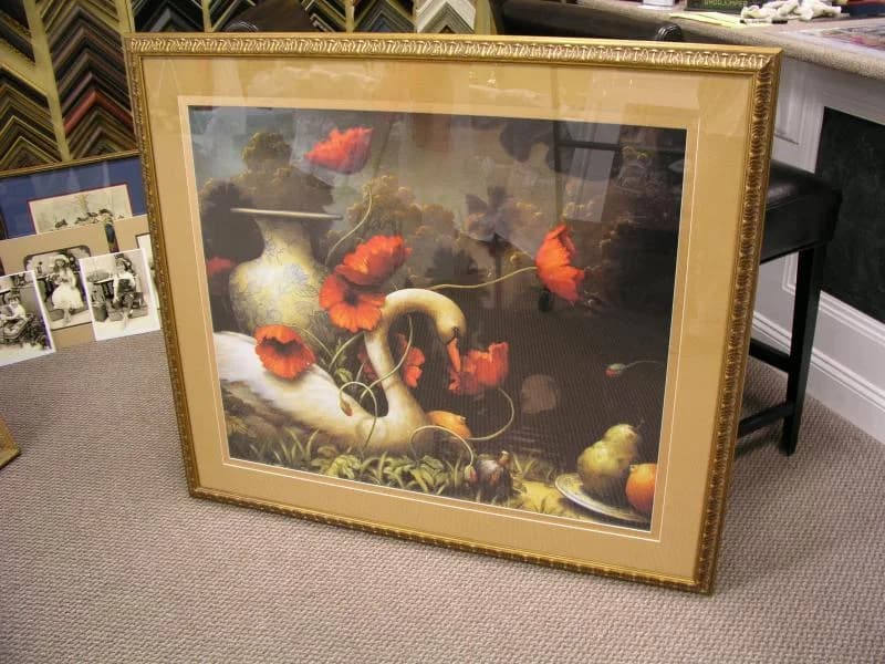 An ornate framed still life completed at Revere Picture Framing.