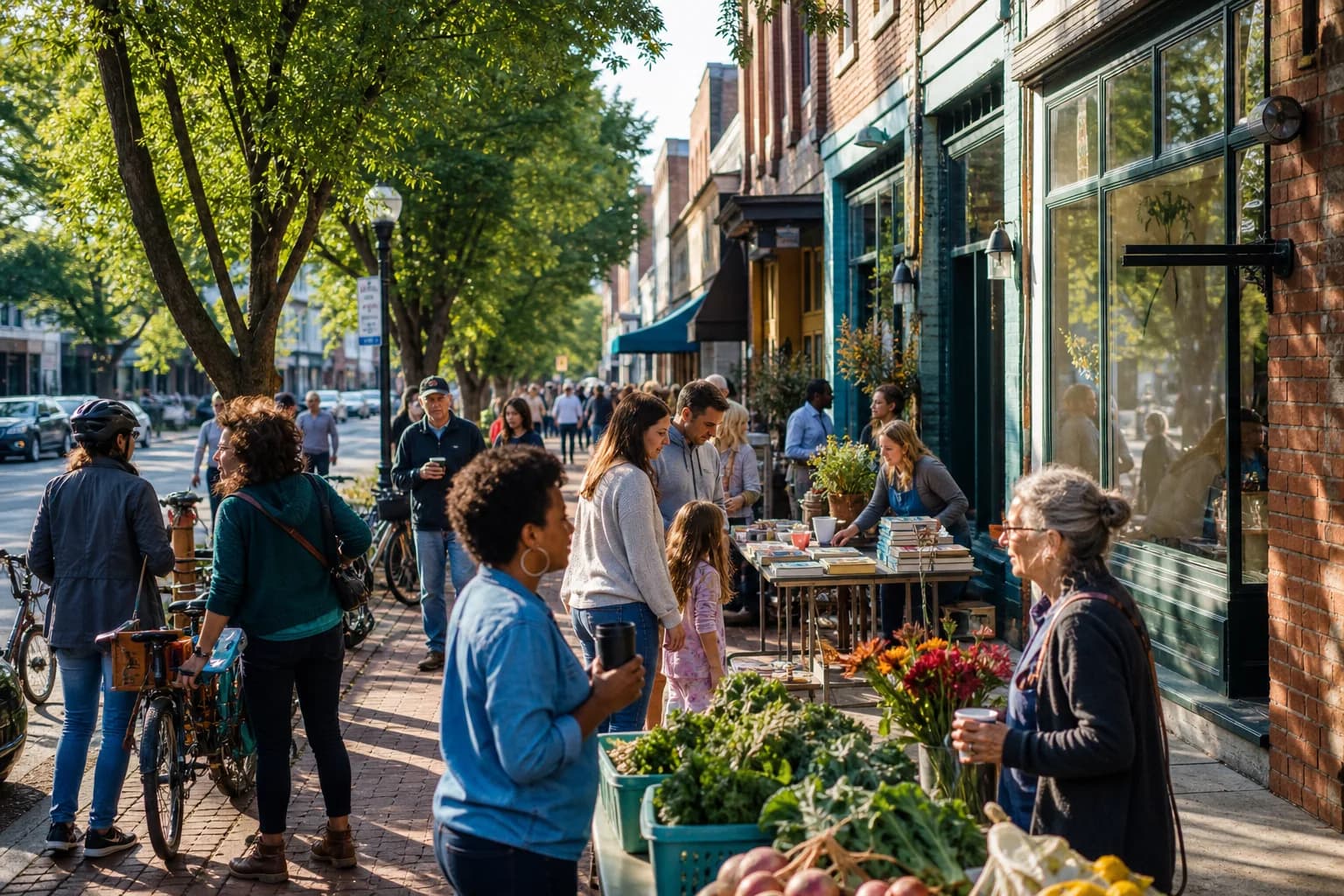 Neighbors shopping and talking at a community market on a tree-lined main street.