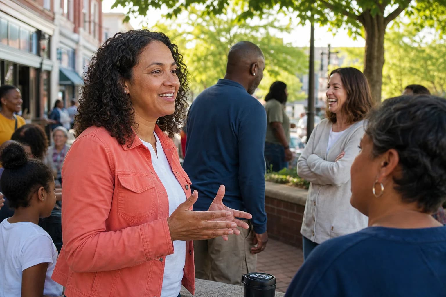 Woman speaking with residents at an outdoor neighborhood gathering.