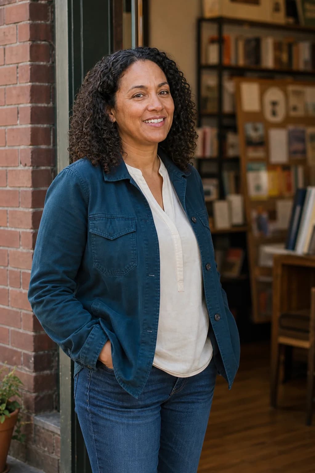 Woman standing outside a neighborhood bookstore.
